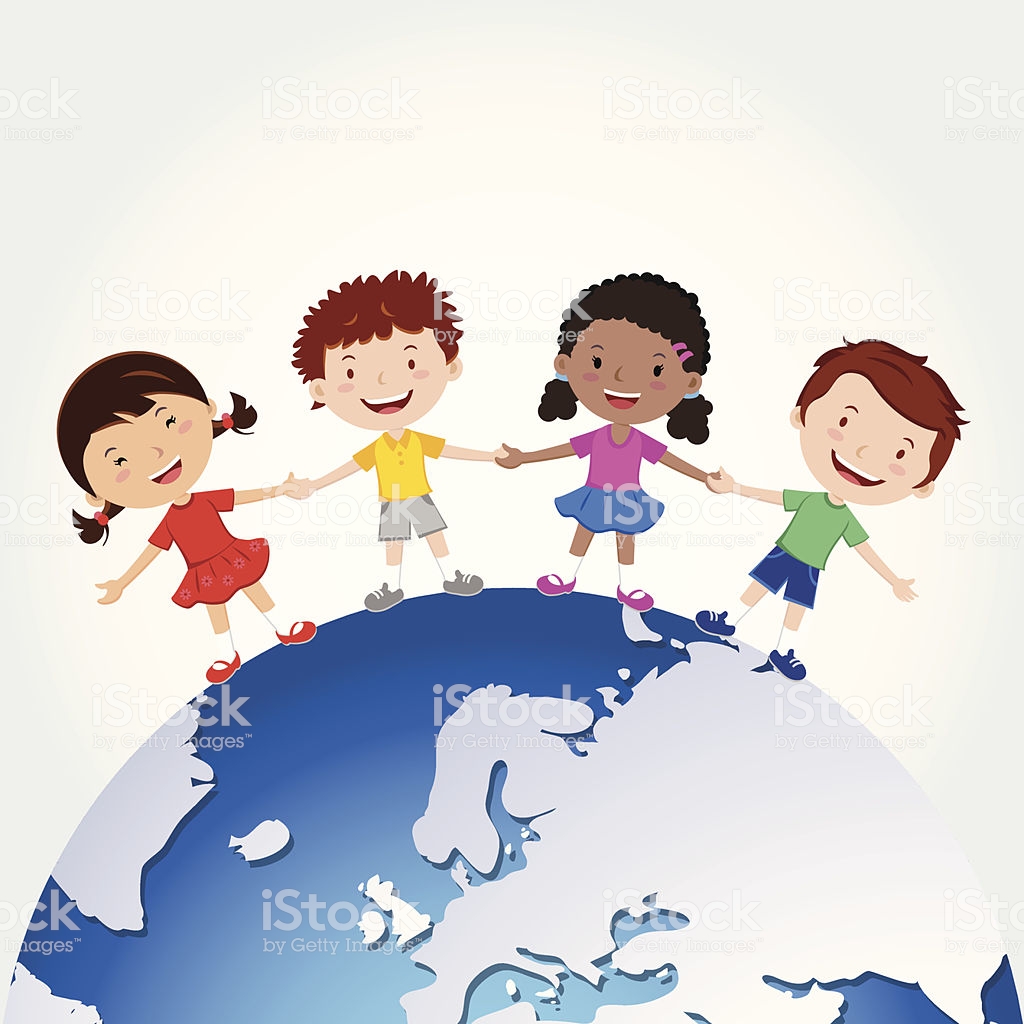 Children holding hands on the world